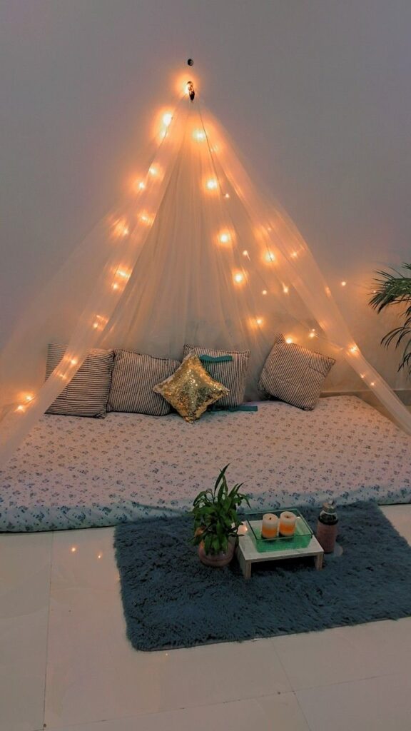 cabana with white cloth surprise birthday tent decoration at home with fairy lights