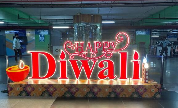 Diwali Office Decoration with flowers and lights