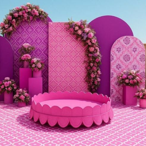 pink purple vibes haldi decoration